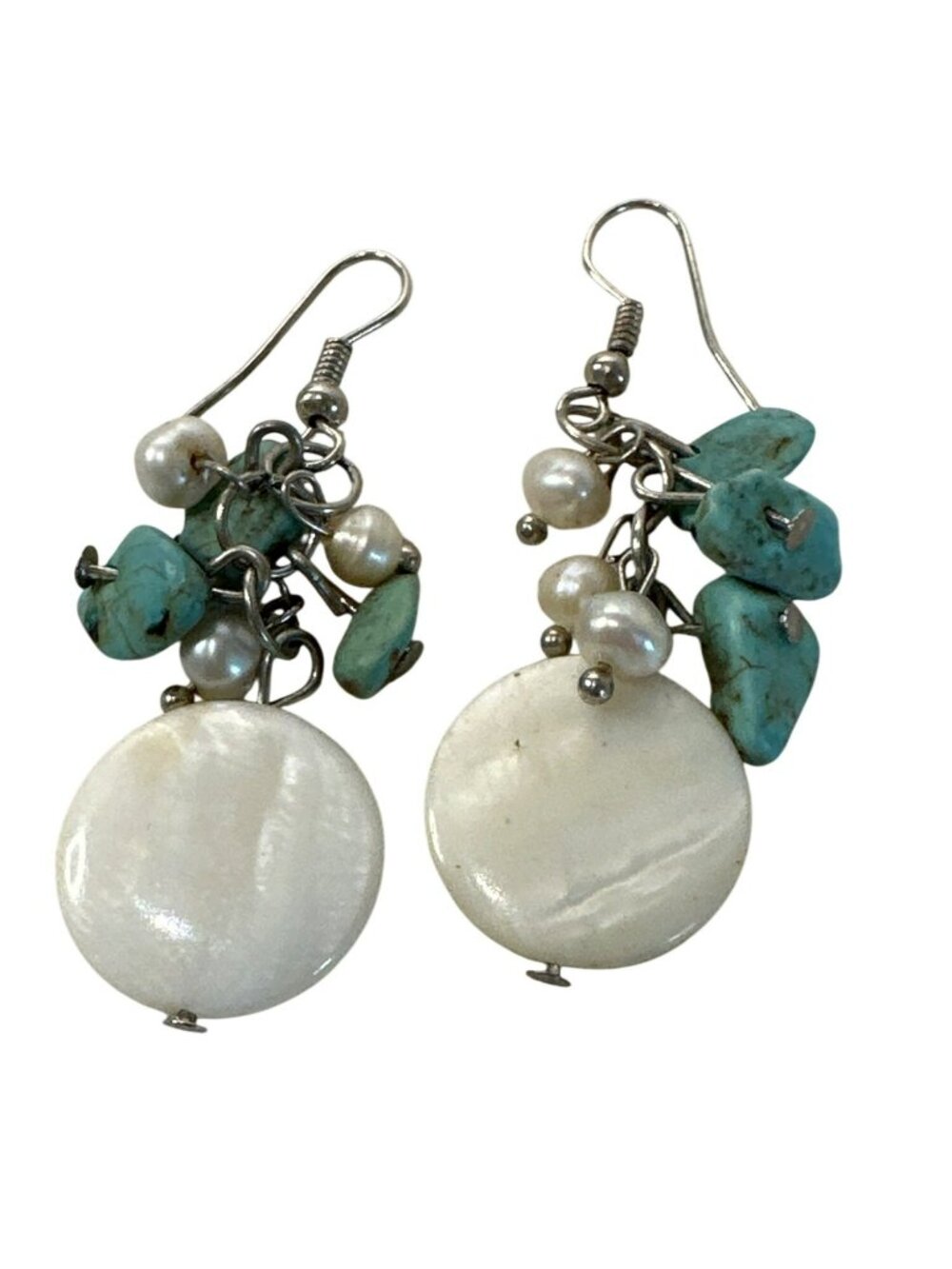 Faux Turquoise Pearl Dangle Earrings Mother Of Pearl Discs Handmade Boho Jewelry